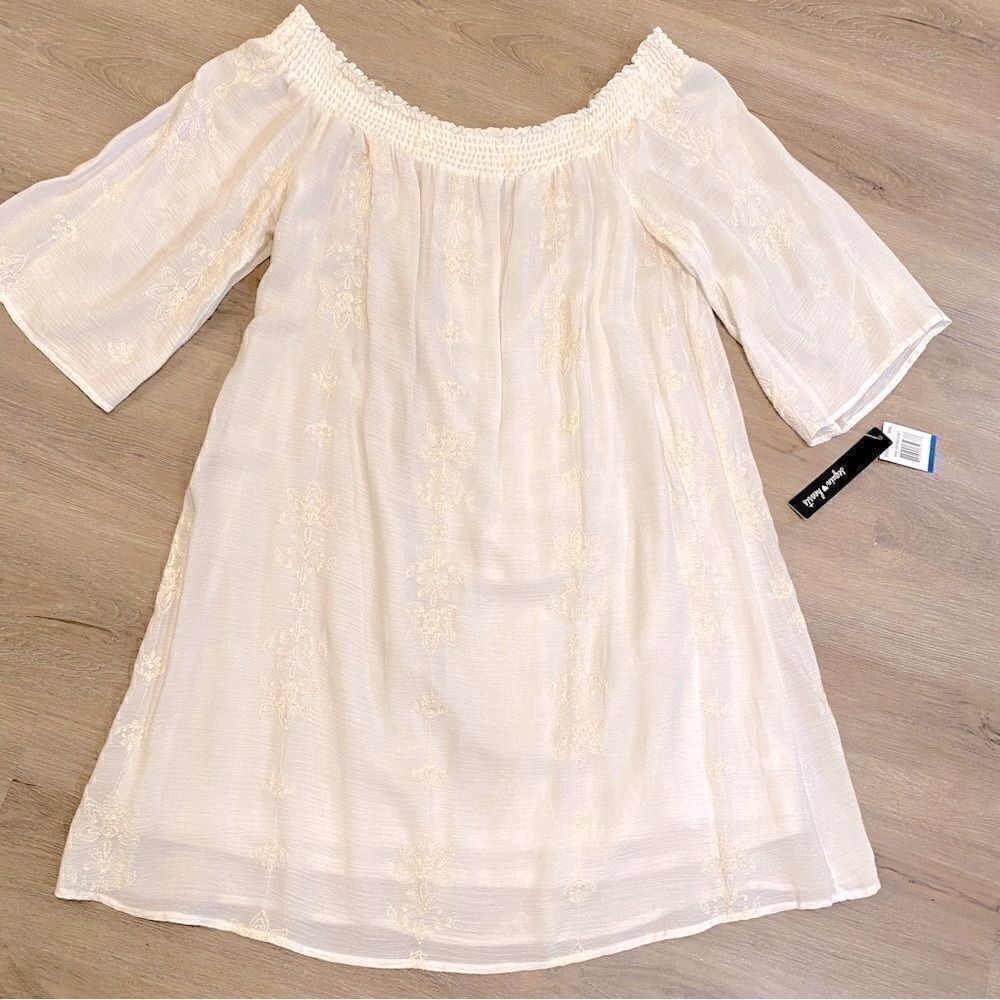 SEQUIN HEARTS OFF WHITE/IVORY WHIMSICAL PRINT OFF THE SHOULDER DRESS NWT